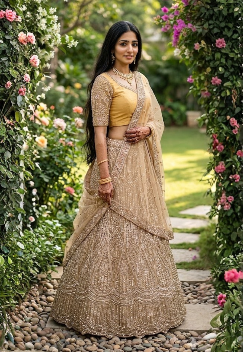 Soft net in metallic golden beige unstitched lengha with shimmering sequins, stonework and embroidery