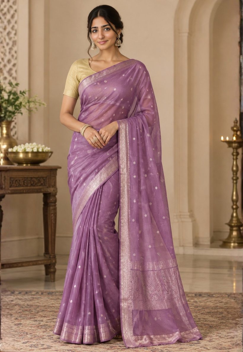 Rich plum crepe silk saree with intricate gold toned zari border and blouse piece