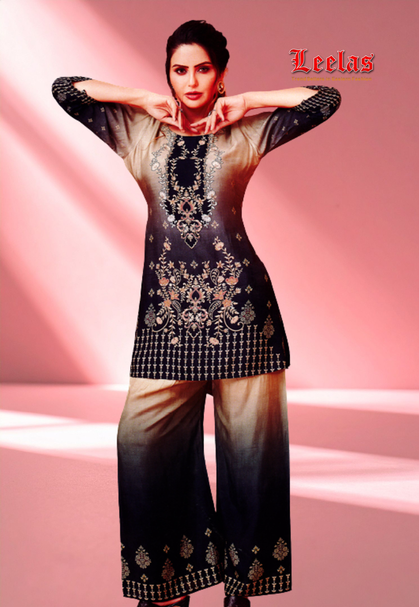 Ombre muted gold and navy kurti set with floral print, embroidery, stone and sequins work.