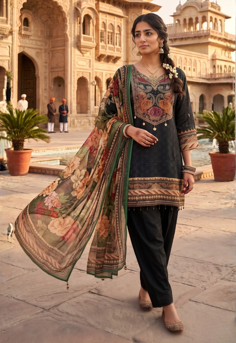 Dark olive black farsi suit with heavily embellish stone and beadwork