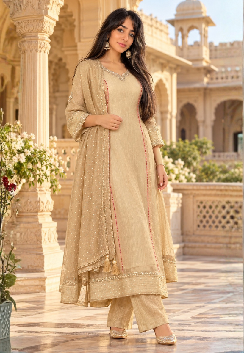 Gold tissue silk anarkali with sequins, bead and stonework