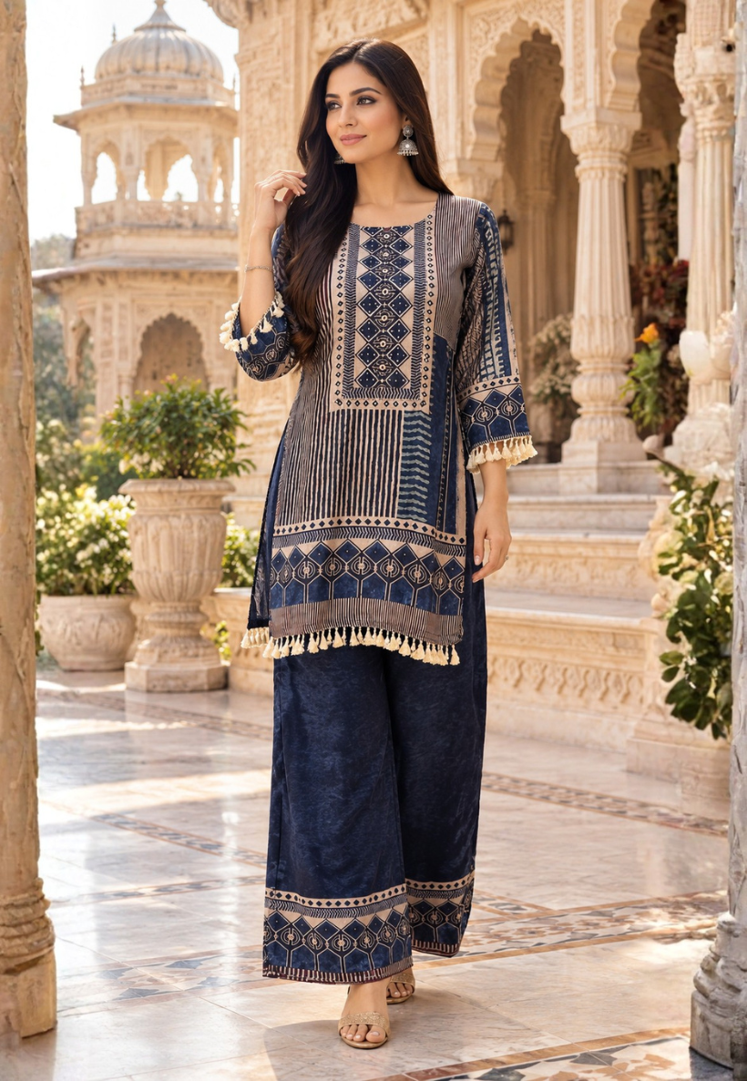 Navy, charcoal and warm beige kurti set