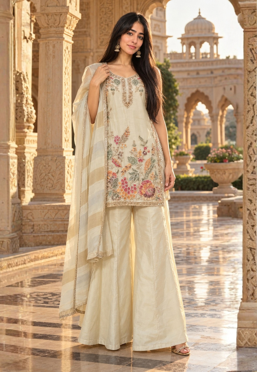 Cream sharara with colour embroidery, bead and stonework