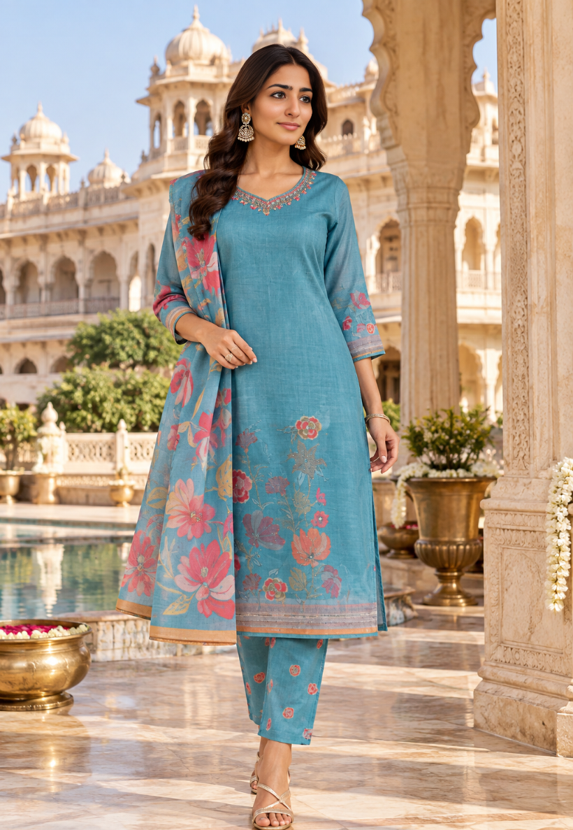 Floral turquoise salwar kameez with pants and dupatta