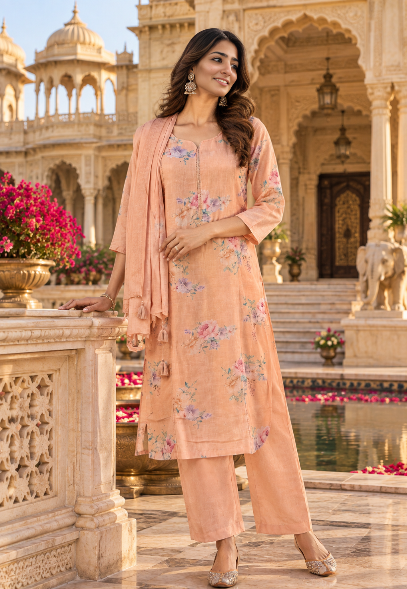 Peach floral salwar kameez with matching pants and dupatta