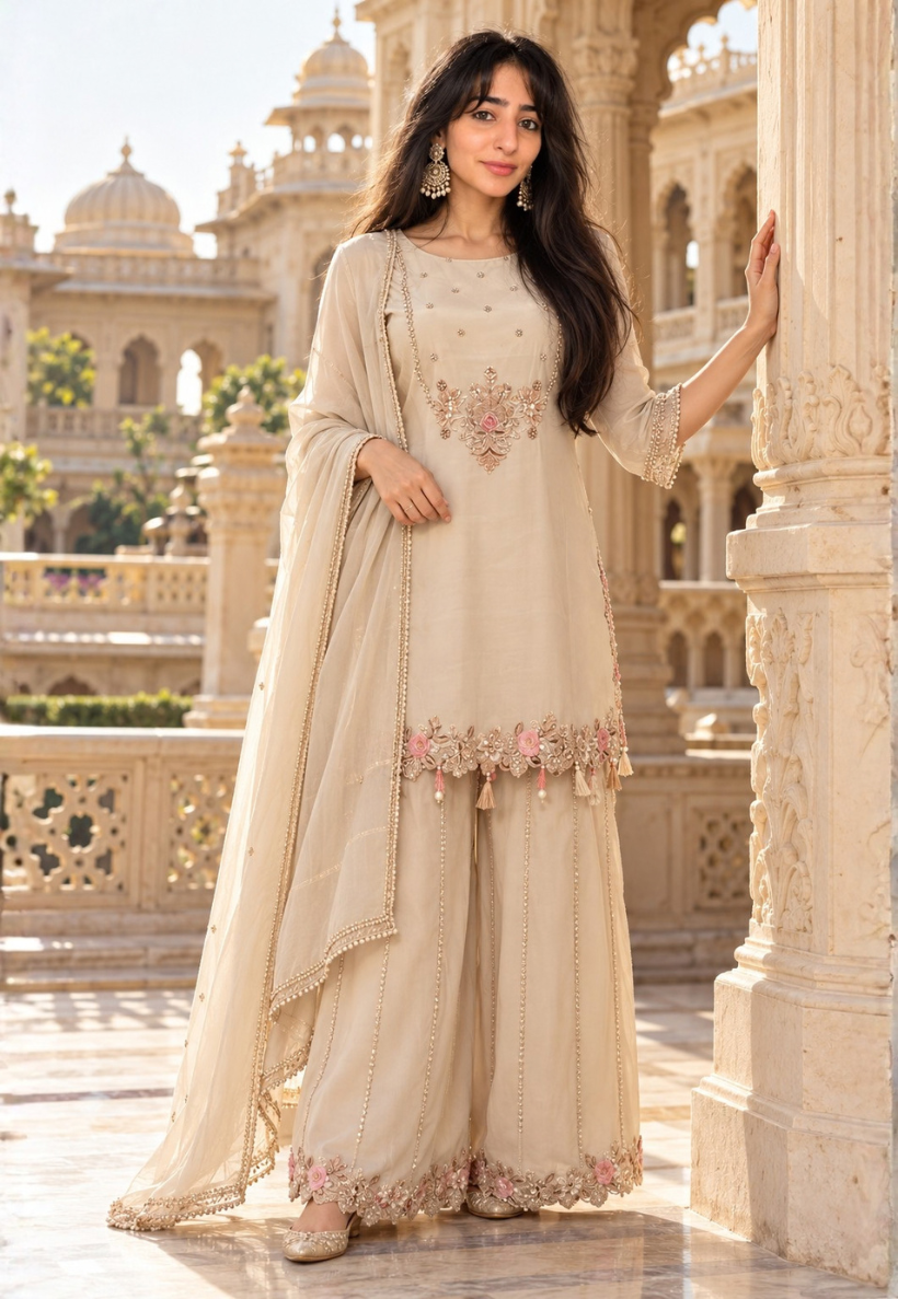 Rich ivory salwar kameez with bead, pearl and embroidery