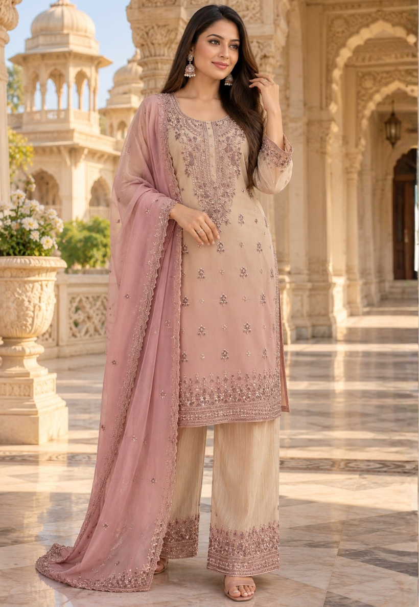 Ombre beige and lilac salwar kameez with intricate beadwork