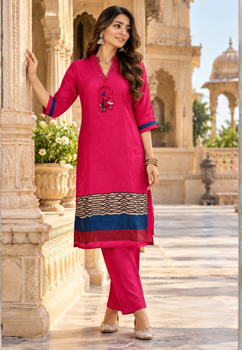Cerise pink kurti set with printed border