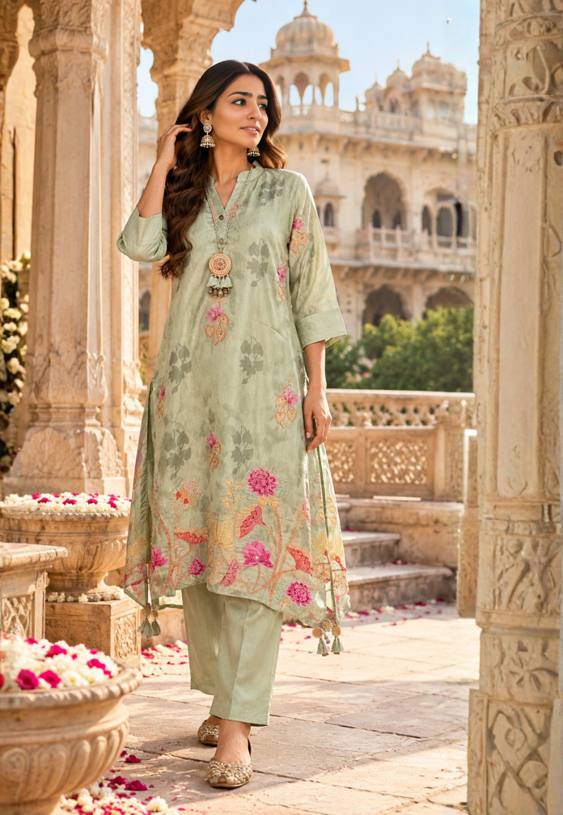 Sage kurti set with sequins and embroidery with floral prints