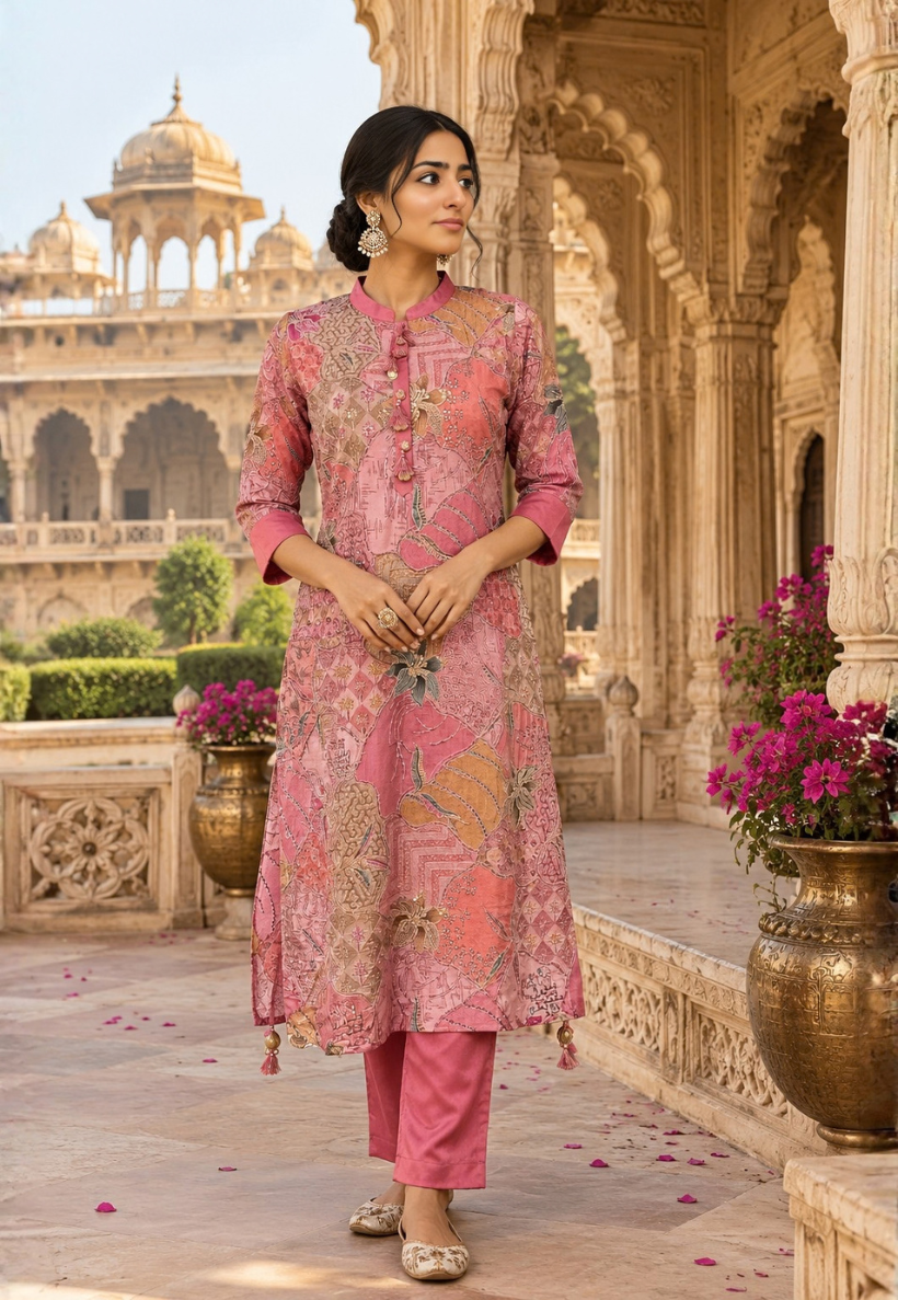 Mink abstract print kurti set with sequins, zari and mirror work