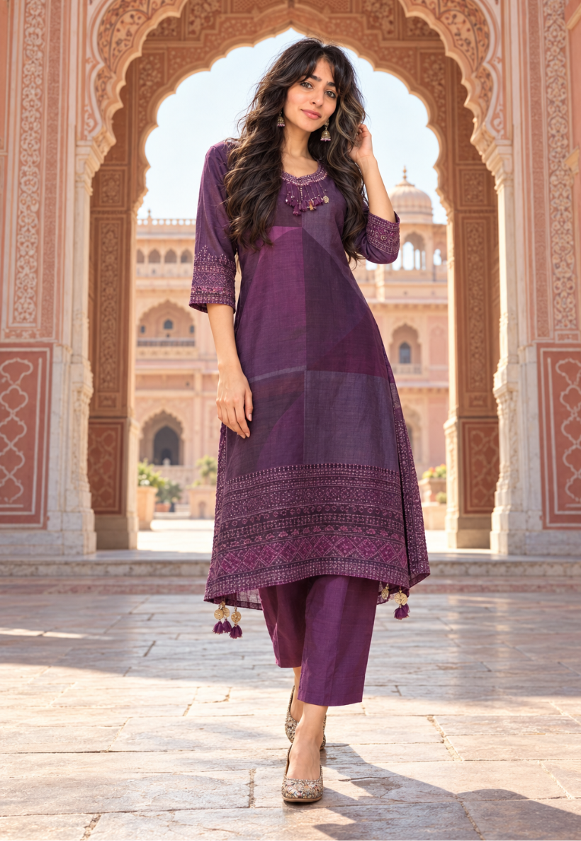 Abstract pattern kurti set in shades of purple