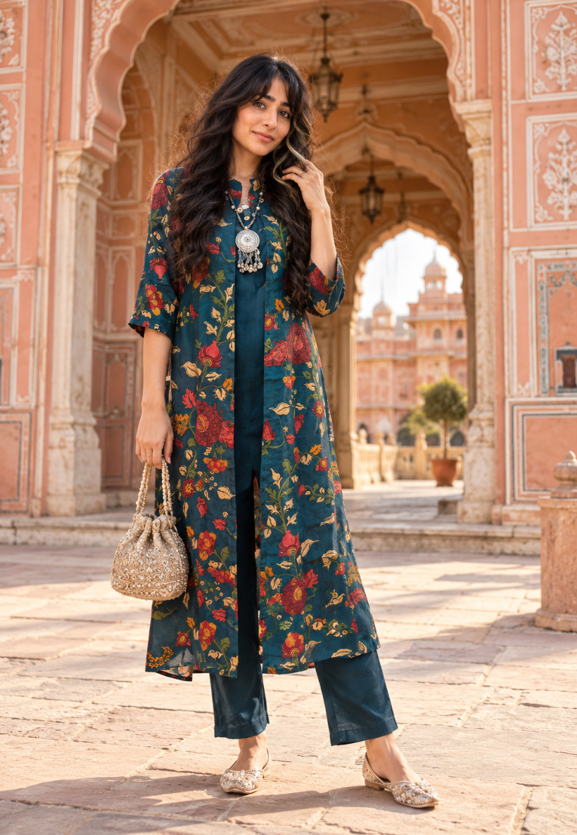 Blue floral kurti set with dress, pants and long jacket