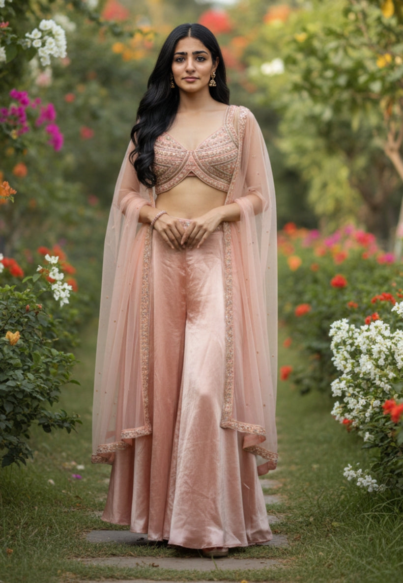 Peach indo western satin outfit with top, pallazzo pants and dupatta