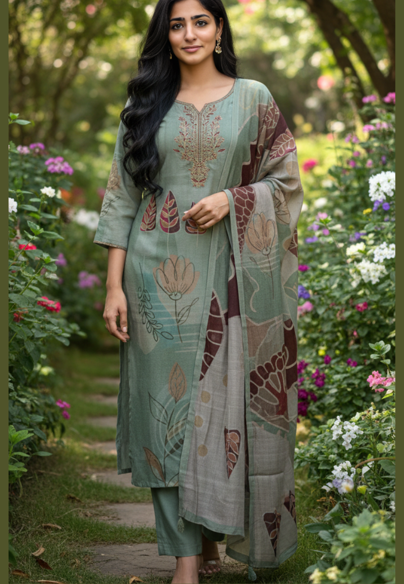 Greyish green floral salwar kameez with embroidery