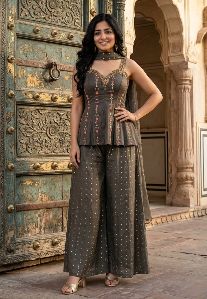 Taupe kurti set with rose pink embroidered florals