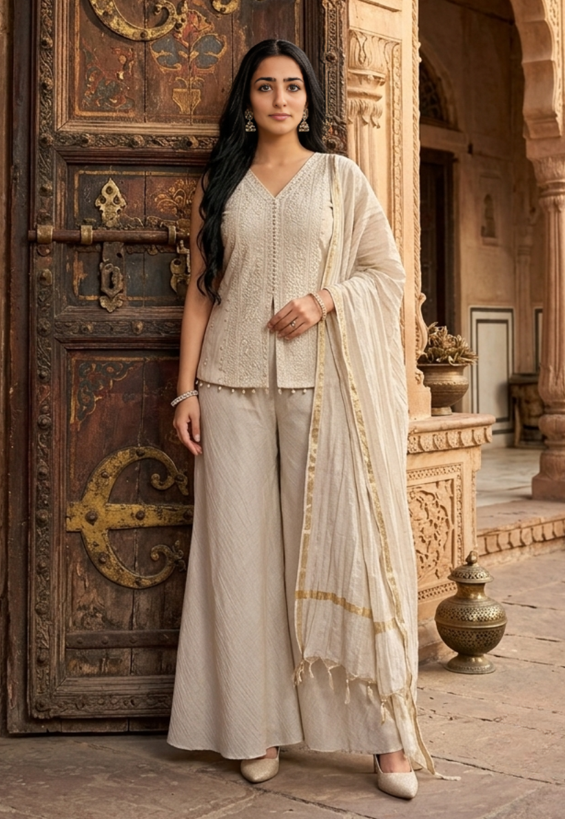 Ivory kurti set with delicate detailed cotton embroidery top