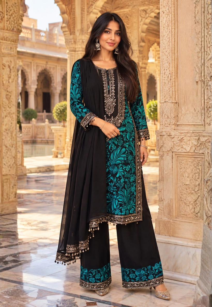 Black salwar kameez with turquoise embroidery and stonework