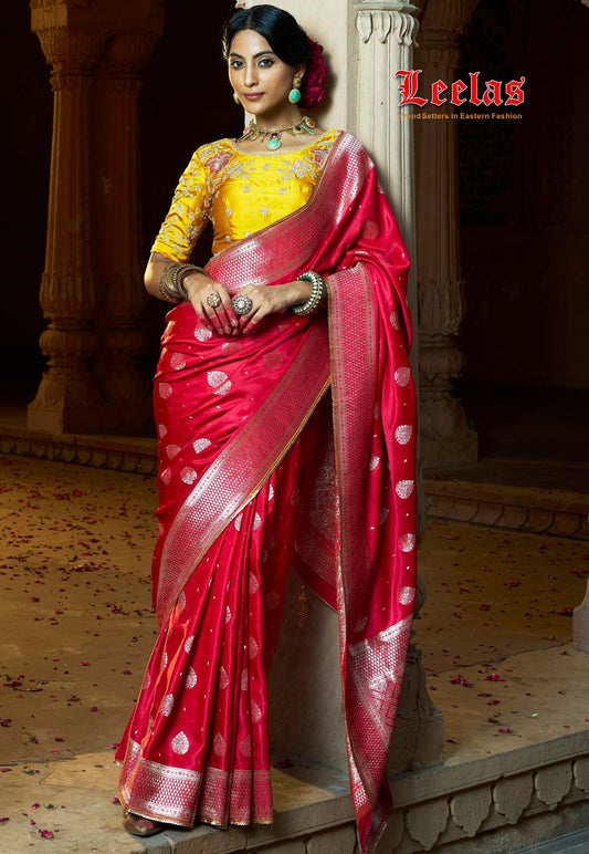 Cerise satin saree with gold embossed detail and contrasting mustard blouse piece, Indian Wear Houghton Johannesburg