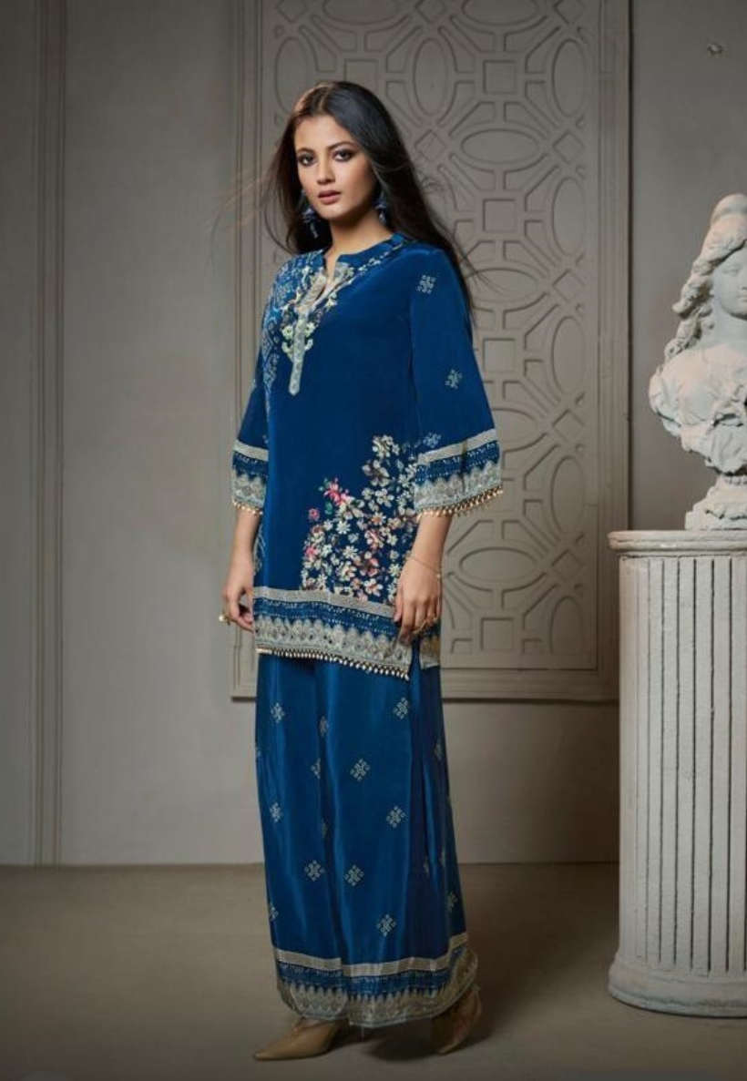 Dark blue bandhani inspired kurti set with mirror and stonework