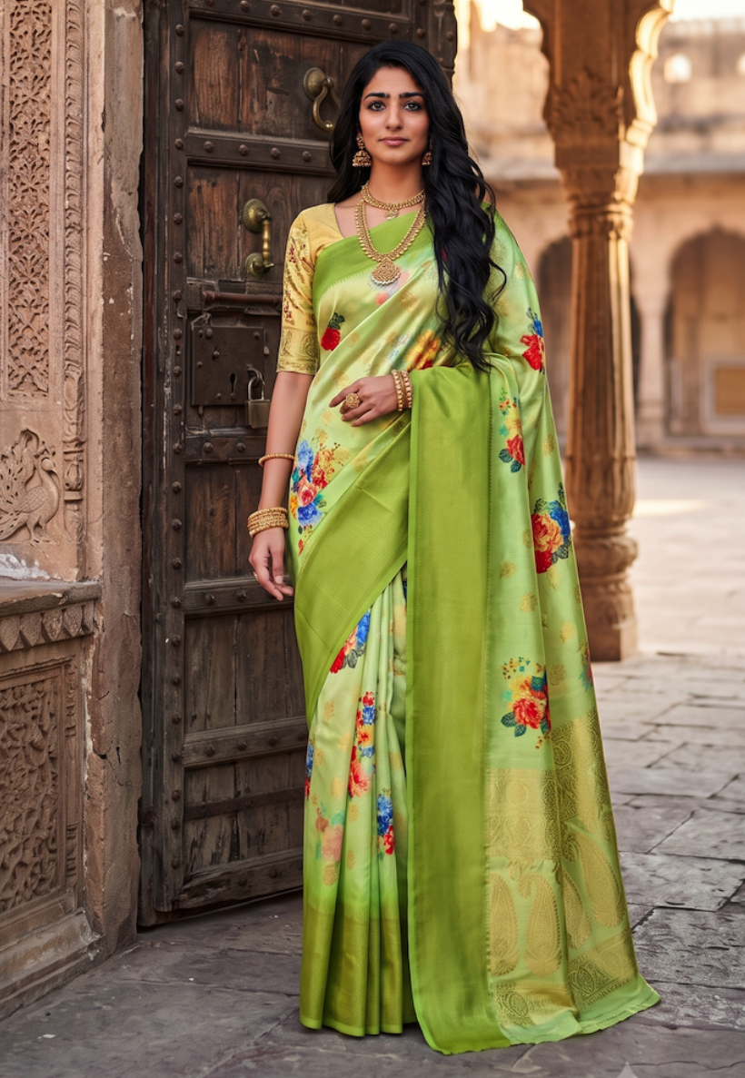 Mint green floral organza silk saree with bold shades of red, royal blue and pink