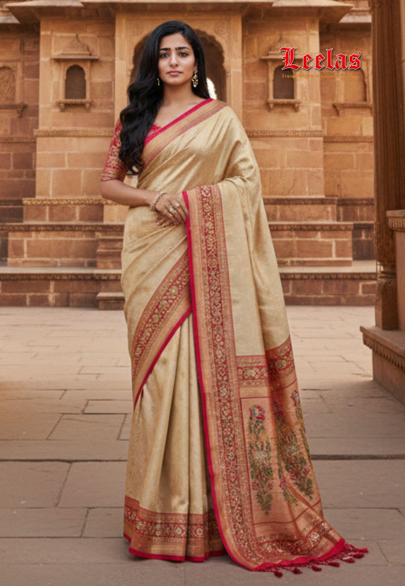 Bridal gold and red banaras saree with embroidery, and stone work border.