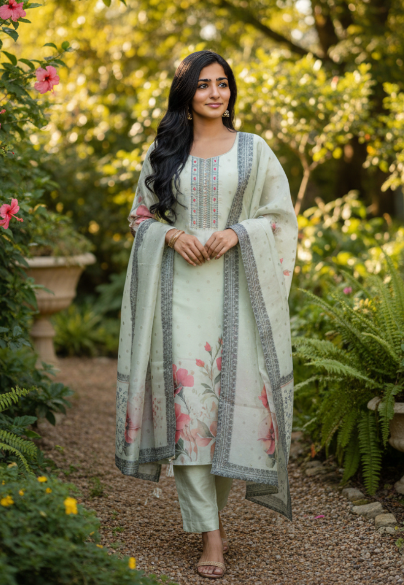 Mint green and gold salwar kameez with floral print, with mirror and embroidery work