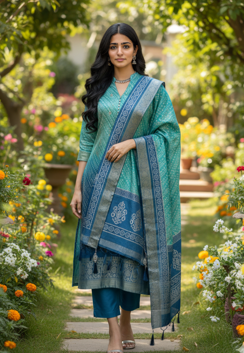 Bright teal and seagreen bandhani silk ombre salwar kameez with embroidery and stone work