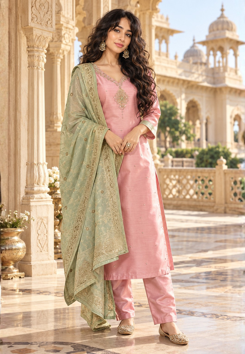 Baby pink salwar kameez with stonework