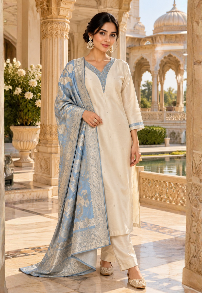 Cream salwar kameez with stonework