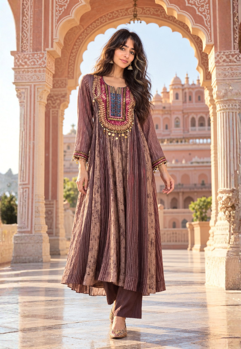 Biscuit and wine ajrakh modal silk kurti set with zari work and bandhani print