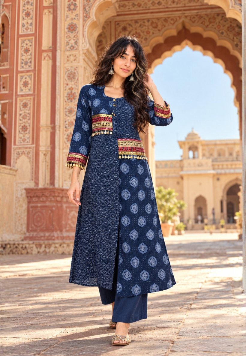 Navy and crimson red ajrakh modal silk kurti set with zari work
