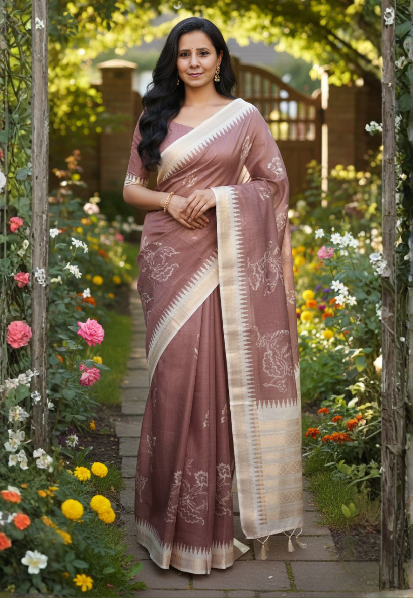 Brown silk blend saree with embroidery, sequins and zari work and off white floral design