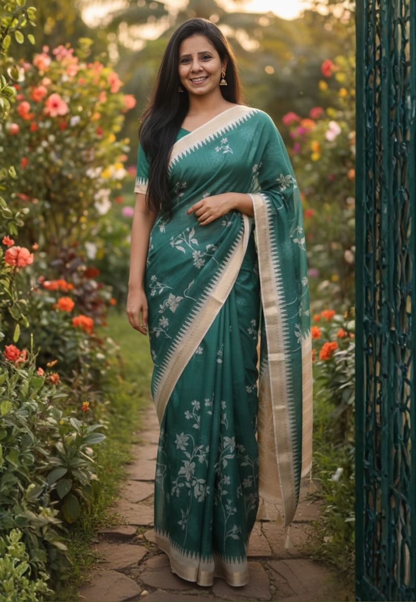 Deep teal silk blend saree with embroidery, sequins and zari work and off white floral design