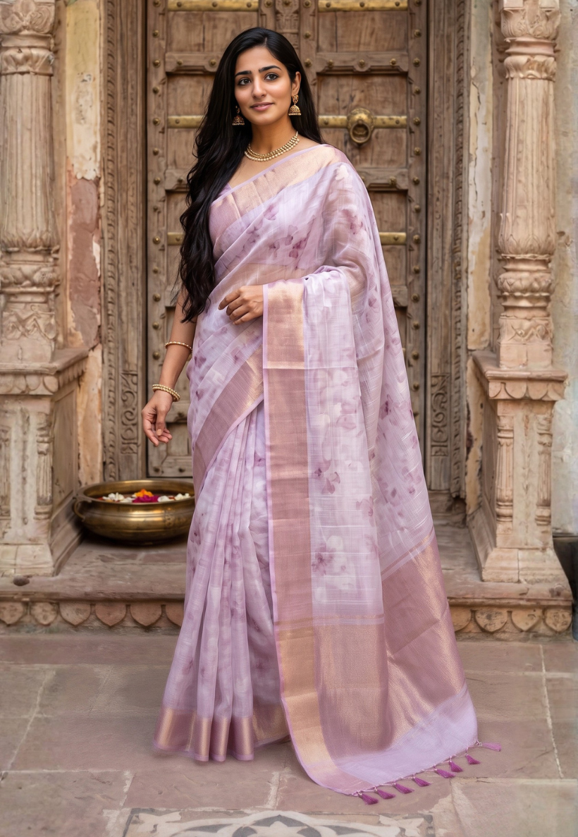 Lavender floral cotton saree with delicate botanical patterns and zari border