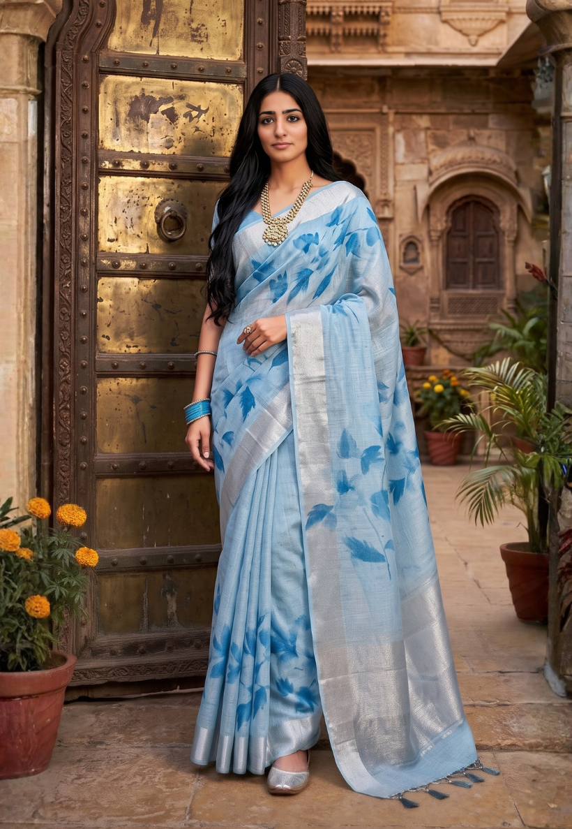 Ice blue floral cotton saree with large floral motifs in deeper indigo shade with zari border