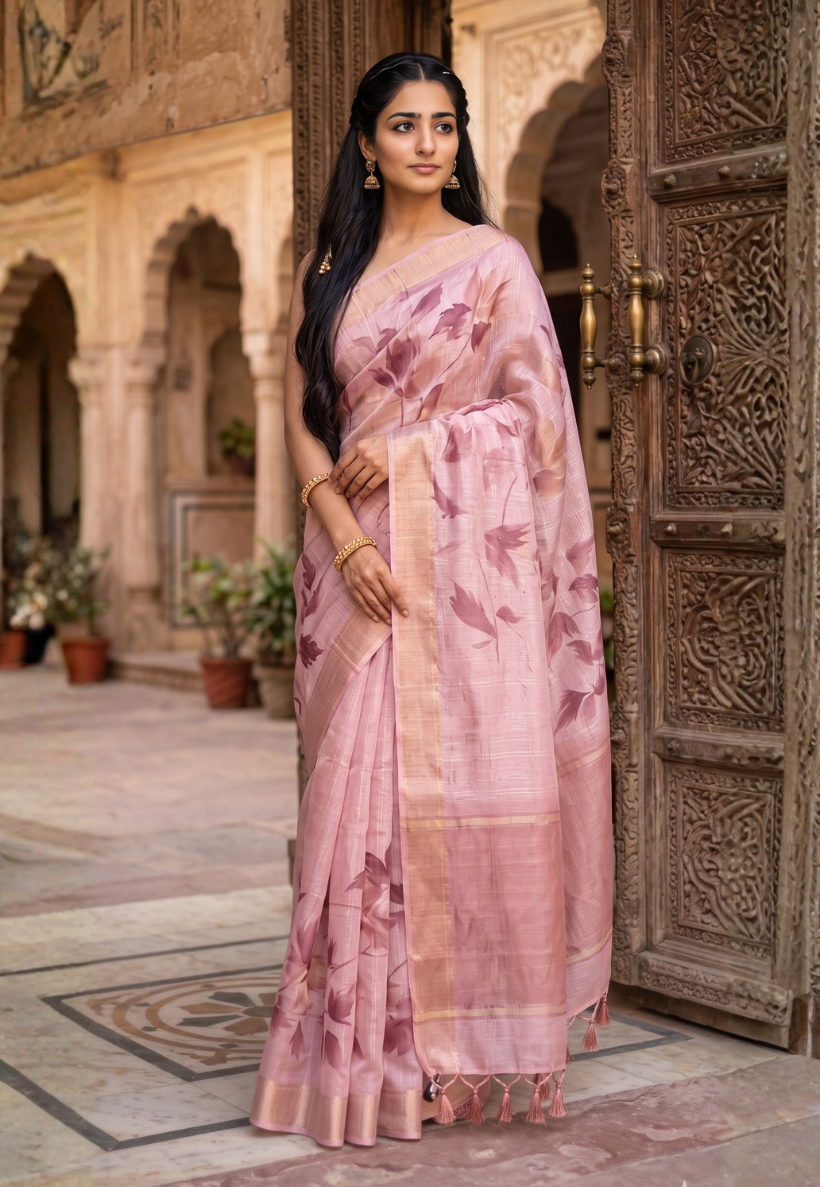 Dusty pink abstract geometric pattern cotton saree inspired by a darker crimson pink print with zari border