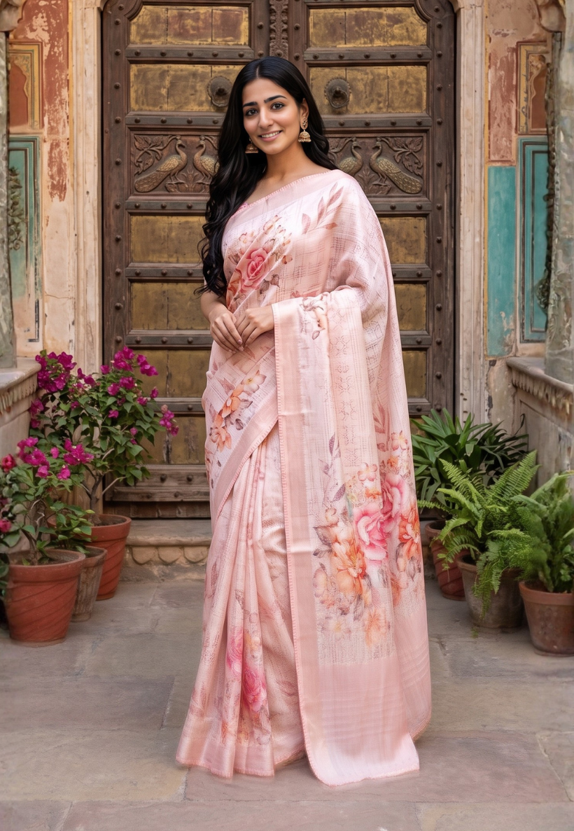 Lightweight soft peach cotton silk saree with digital floral print featuring large roses in shades of pink and orange with blouse piece