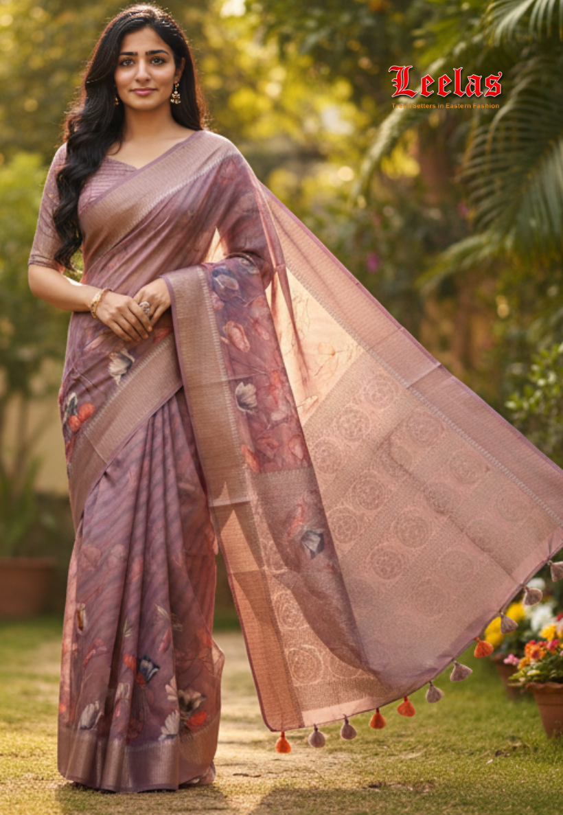 Mink crepe silk saree with floral digital print and zari work