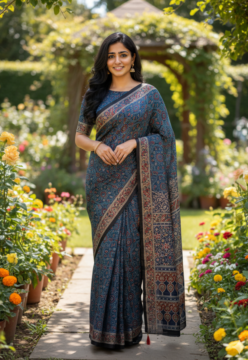 Navy Ajrakh saree