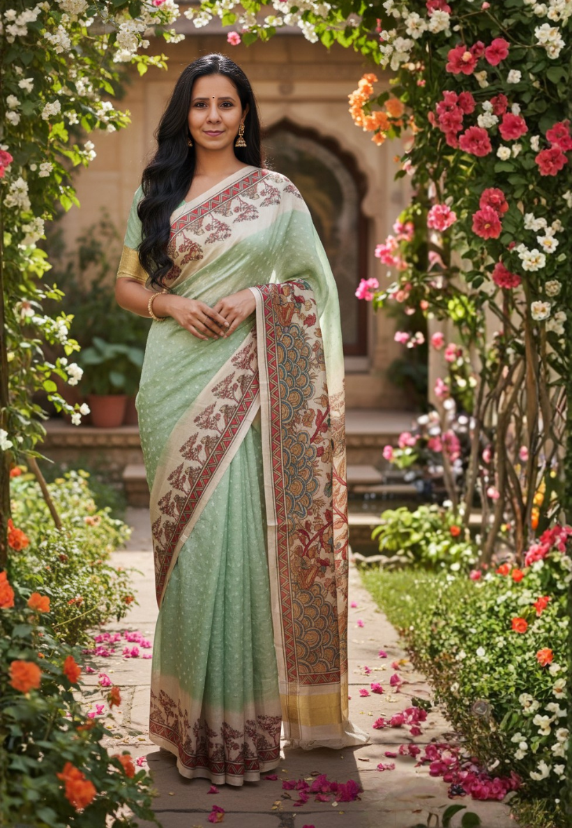 Traditional mint green and beige silk blend bandhani saree