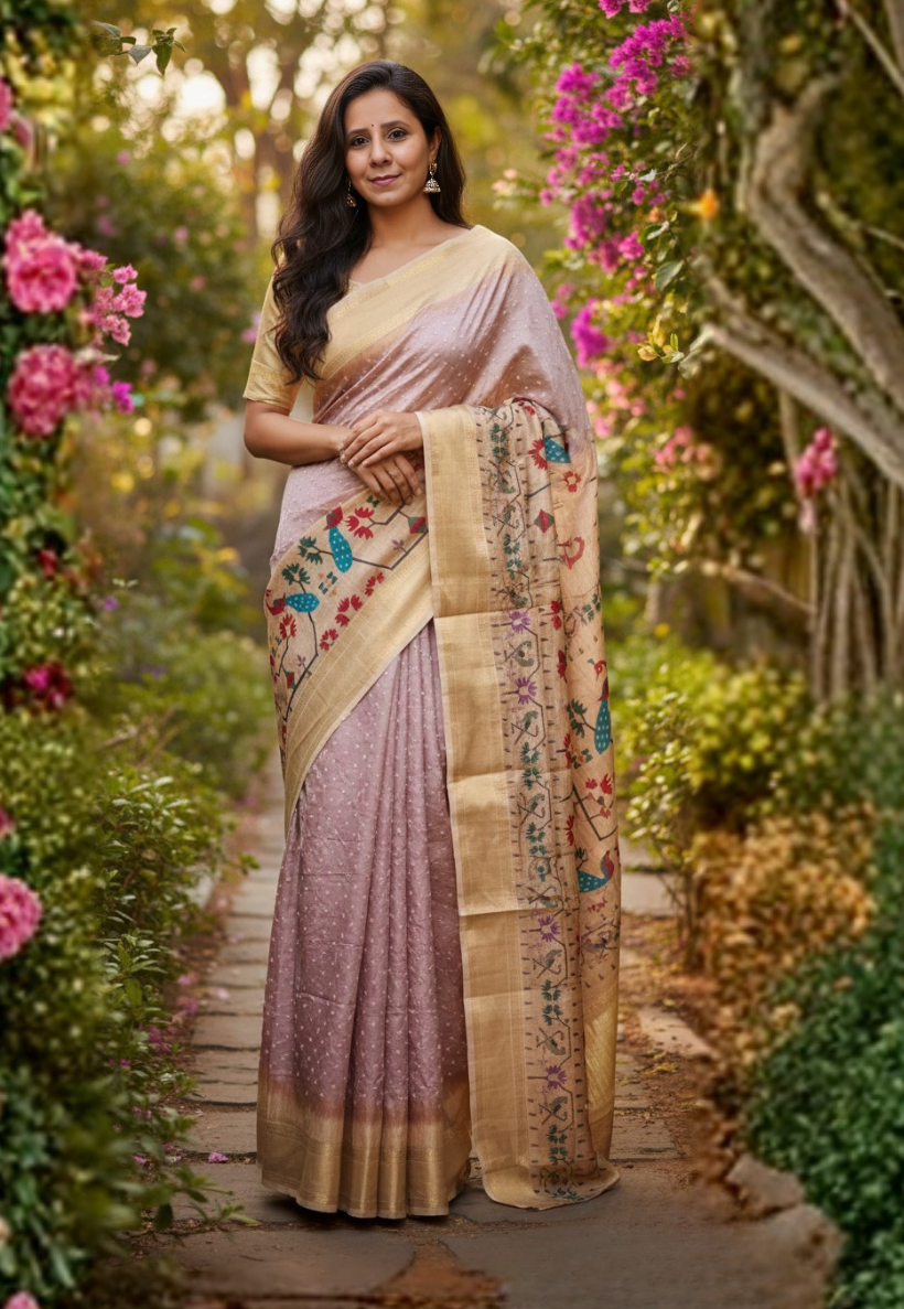 Traditional dusty pink and beige silk blend bandhani saree