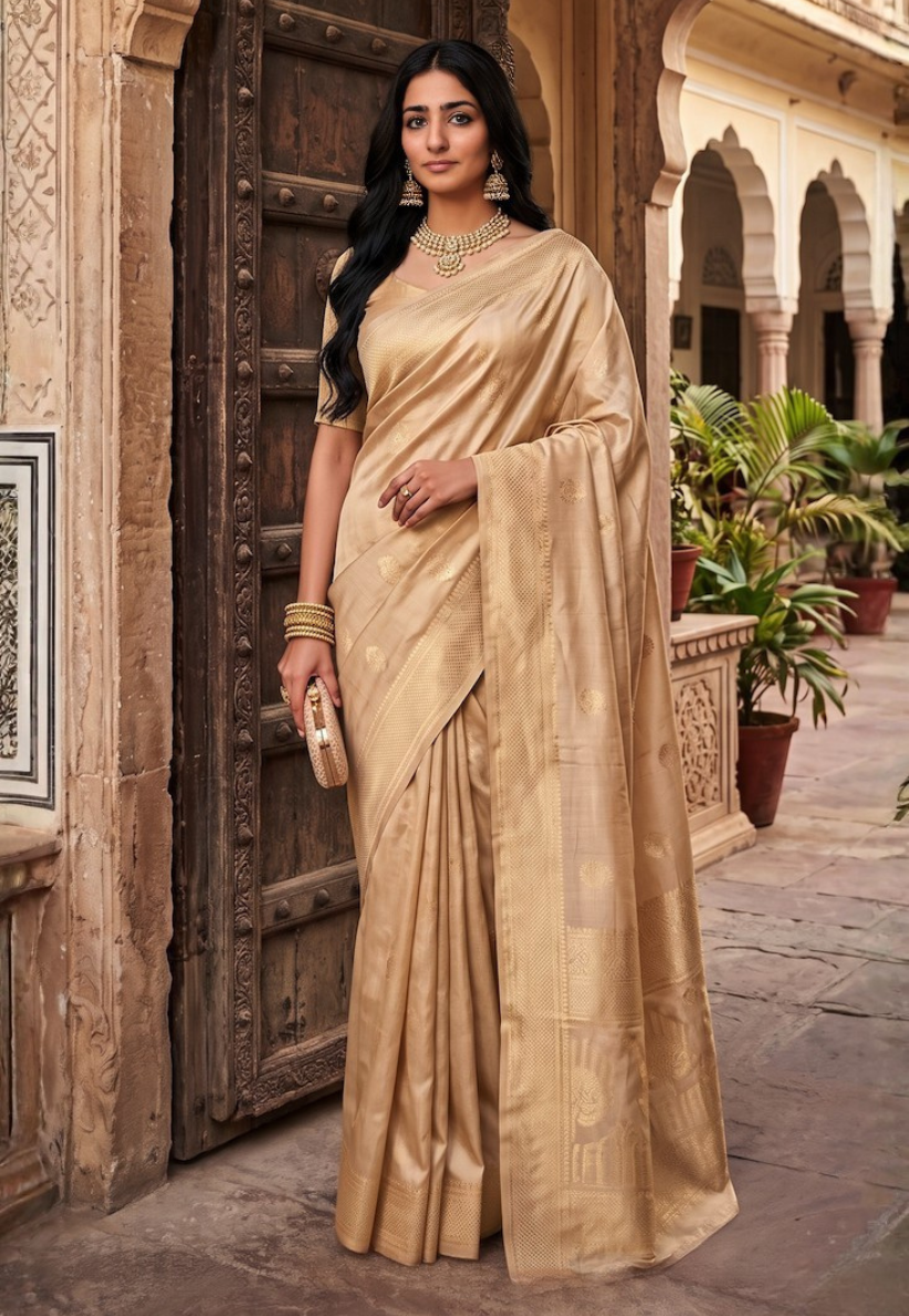 Golden beige banarasi style cotton silk saree with traditional gold zari floral motifs and elaborate zari border