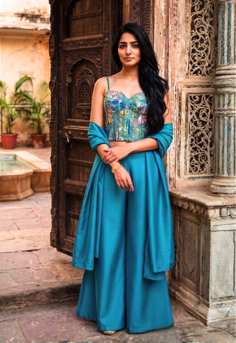 Turquoise Indo-Western style strappy corset top with abstract print and matching palazzo pants
