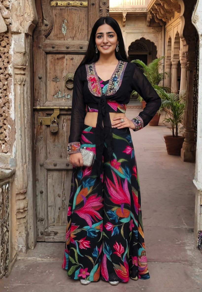 Indo-Western style floral print short top and black bolero jacket with matching floral palazzo pants