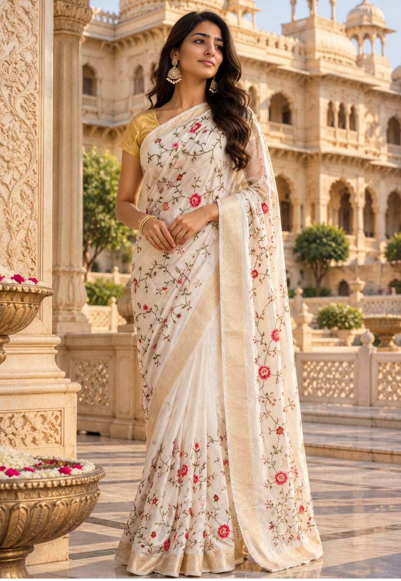 Ivory art silk saree adorned with intricate cross stitched cotton embroidery with traditional woven zari border