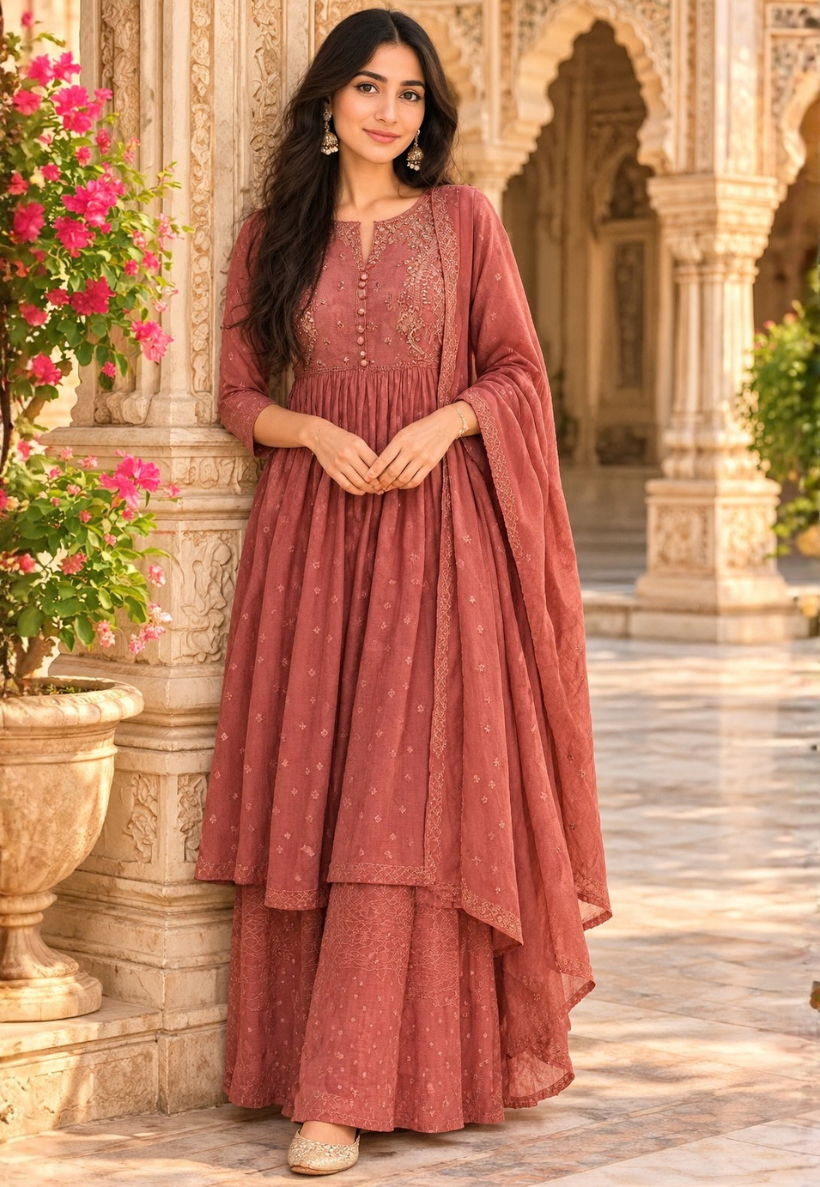 Dusty rose anarkali with bead, mirrorwork and embroidery