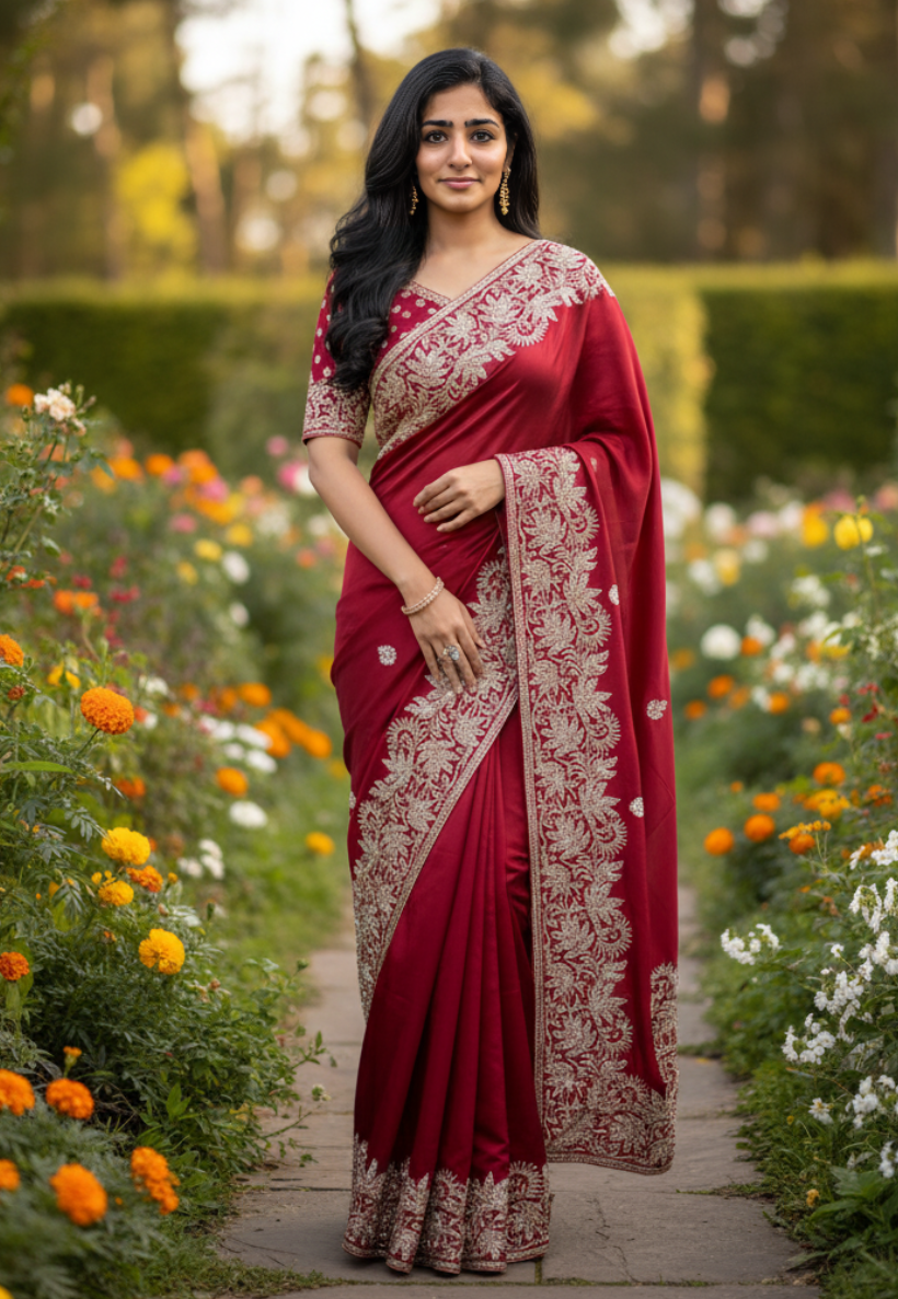 Burgundy satin silk saree with heavy stone and zariwork