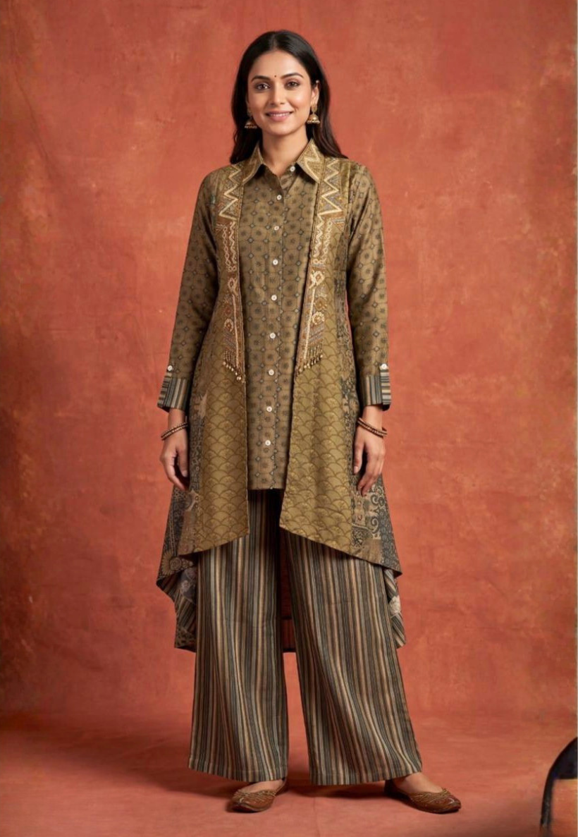 Fusion style Indo-Western outfit in bronze, gold and olive tones