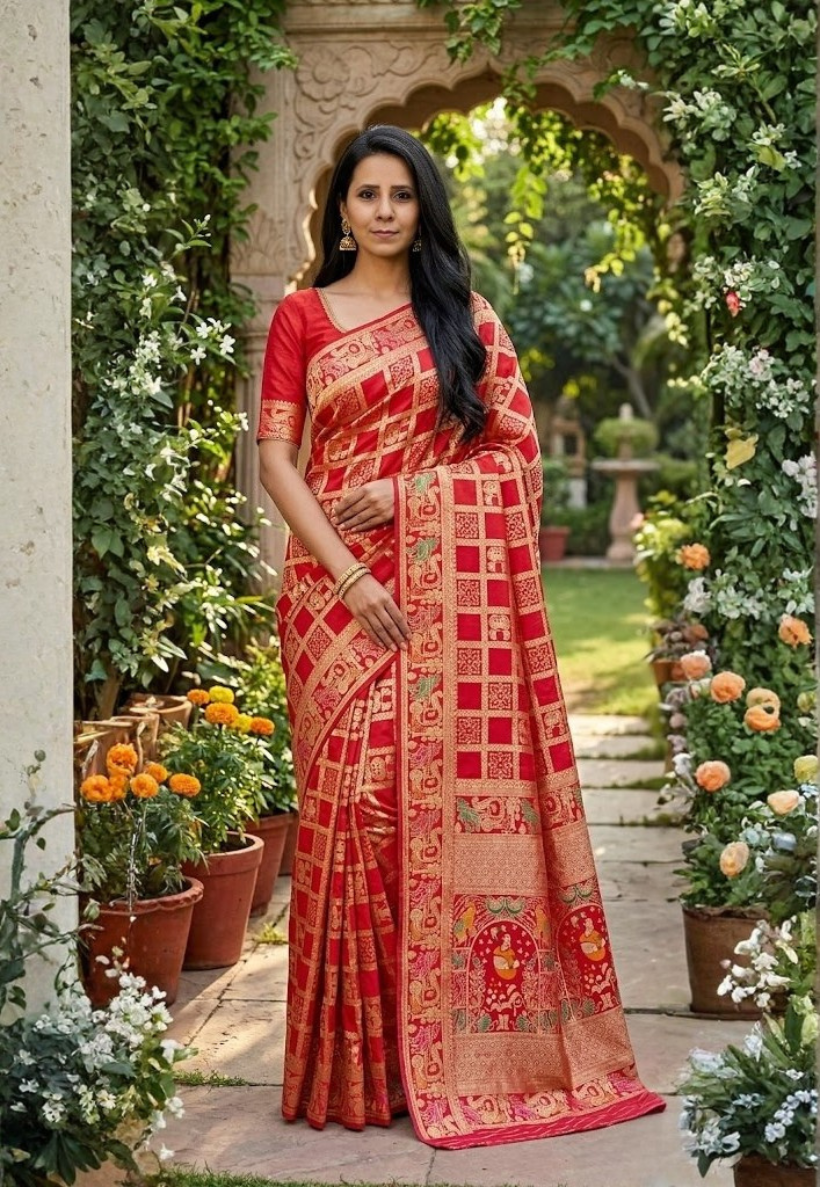 Red bandhani print art silk saree with intricate metallic zariwork and decorative motifs