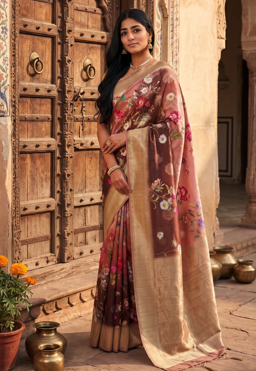 Botanical multicolour organza silk saree with tones of dusty rose and salmon pink